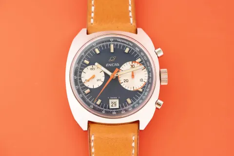 Big Eye chronograph with a blue dial and date at 6 on a tan strap