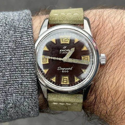 Seapearl 600 with a tropical brown dial on an olive suede strap, on the wrist