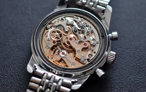 Aqua Graph with the caseback off, showing the gilt Valjoux 72 movement