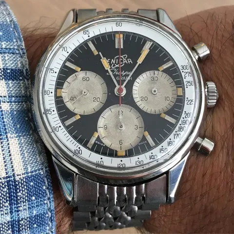 Sherpa Graph with a black dial, silver registers and white tachymetre ring on a steel bracelet