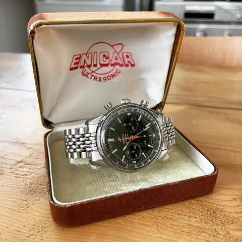 Sherpa Graph with a black dial on a steel bracelet in its original Enicar Ultrasonic box