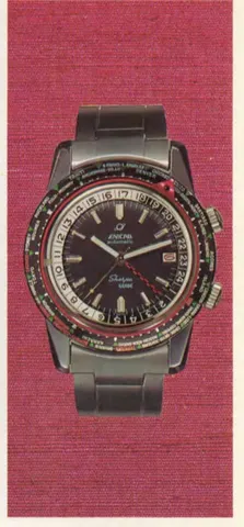 Sherpa Guide MkIII with a black dial, rally-style 24-hour hand and world-city bezel on a steel bracelet, from Enicar's 1969 catalogue