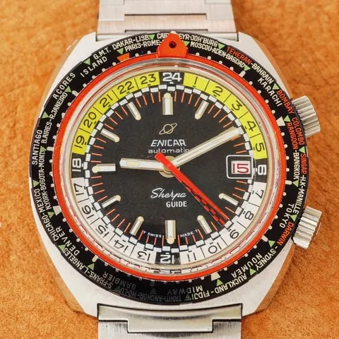 Sherpa Guide with a black dial, yellow and white inner 24-hour bezel and world-city outer bezel on a steel bracelet