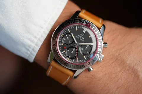 Jet Graph MkIII on a tan strap, on the wrist
