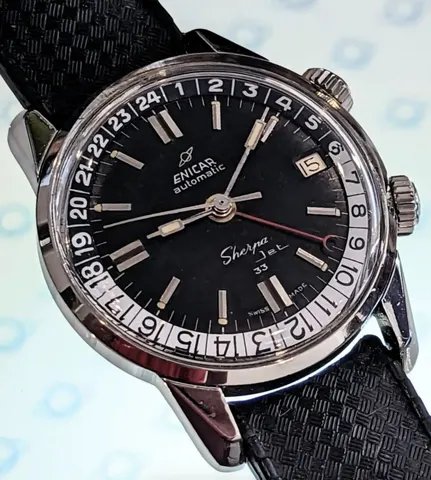 Sherpa Jet MkI with a black dial, black and silver 24-hour bezel, red GMT hand, date at 3 and two crowns, on a black rubber strap