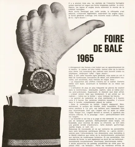 Magazine page headed Foire de Bale 1965, with a hand giving a thumbs-up and a Sherpa Pilote chronograph with a 24-hour bezel on the wrist, beside French text on the fair