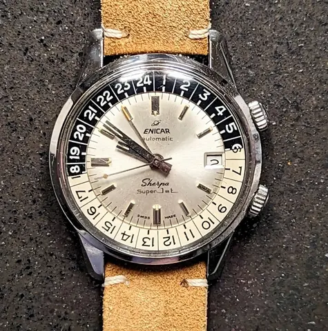 Sherpa Super-Jet MkII with a silver dial, black and white 24-hour bezel and date at 3, on a tan suede strap