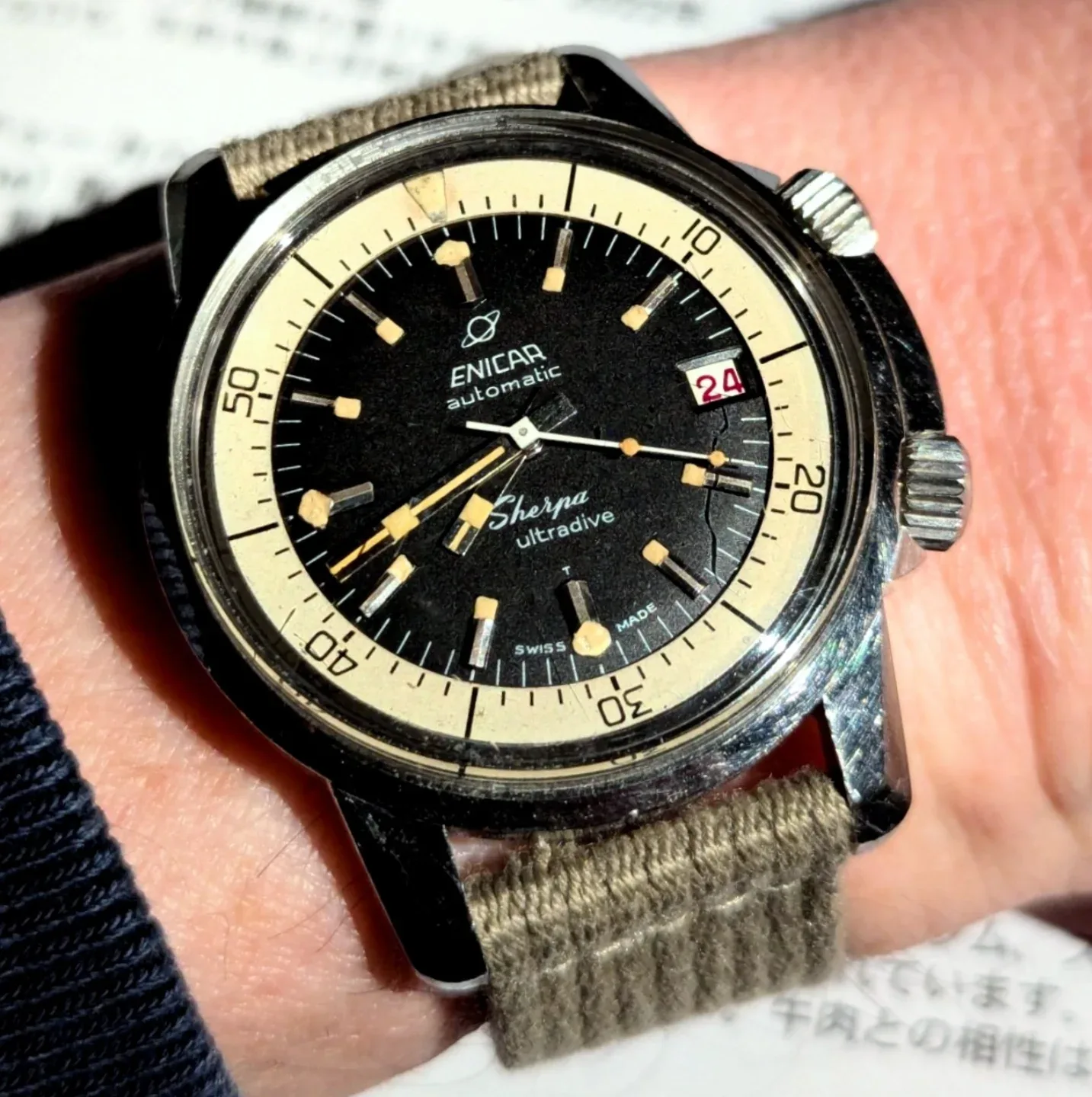 Sherpa Ultradive with a black dial, cream inner bezel and red date on a green strap