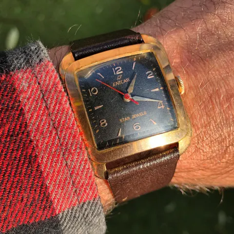 Square-case Star Jewels with a black dial and Arabic numerals on a brown strap, on the wrist